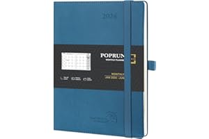 POPRUN Agenda 2024 2025 Mensuel 22 x 16,5cm - De jan. 2024 à juin 2025 avec Couverture Souple en PU Cuir, Poche pliable, Porte-stylo autocollant, Papier Certifié FSC®100 g/m² - Bleu nuit