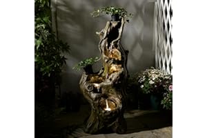 BUMILGAR LED-Gartenbrunnen im Baumstamm-Design, 5-stufiger Kaskaden-Wasserfall aus wetterfestem Kunstharz | Naturgetreue Holzoptik für Terrasse & Vorgarten | 31 x 46 x 102 cm (LxBxH)​