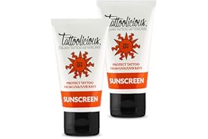 Tattoolicious DOUBLE SUNSCREEN 50+ SPF Protector solar para tatuajes, anti - descoloramiento, con ingredientes activos bio, Paquete Doble de 150 ml (2 tubos de 75 ml)