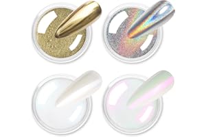 Allstarry Chrome Ongle - 4 Couleurs Poudre Or, Argent, Holographique et Aurora - Miroir Métallique Paillettes Perlées Transparent pour Nail Art