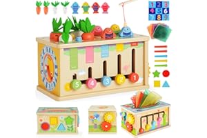BITOYO Giocattoli Montessori 7 in 1 per Bambini 1-4 Anni，Include Scatola Fazzoletti, Carota, Gioco di Pesca e Cubo Motorie, Educativo in Legno