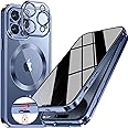 [CD Metal Ring & Automatic Pop-up Lock] Magnetic Privacy Case for iPhone 15 Pro Max [Compatible with MagSafe] [Integrated Lens Protection] Full Body Bumper Cover with Built-in 9H Glass Screen-Blue