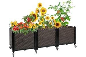 EasyVibe Raised Plant Box with Wheels 120L x 40W x 40Hcm, Raised Beds for Gardening Self Watering, Durable Metal Lockable Casters, Rectangular Garden Planter Perfect for Garden Patio Balcony Deck