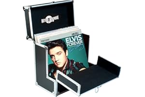 Retro Musique 12"-Aluminium-Schallplattenkoffer mit einzigartiger, aufklappbarer Frontklappe für besseren Zugriff auf Ihre LPs, für bis zu 40 LPs, inklusive 40 Vinyl-Schallplattenhüllen (Schwarz)