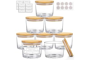 CONNOO Lot de 8 pots à bougies en verre transparent de 350 ml pour la fabrication de bougies avec couvercles hermétiques en bambou – Jolies étiquettes d'avertissement adhésives pour la fabrication de