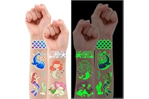 Leesgel 300 (23 Fogli) Tatuaggi per Bambini, Sirena Tatuaggi Luminosi per Bambini Adesivi, Sirena Adesivi Bambini Tatuaggi Finti Compleanno Bambina Regalini per Bambini Gadget Compleanno Bambini