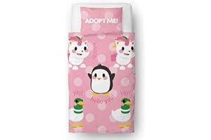 Character World Set copripiumino singolo ufficiale Adopt Me | Design abbracci con pinguino, unicorno e anatra | biancheria da letto reversibile su 2 lati con federa coordinata | set per letto singolo