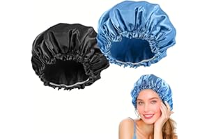YPHZMTZ 2 Stück Satin Damen Duschhaube Wasserdichte Haarhaube für Frauen Mädchen Elastische Wiederverwendbar Shower Cap für Baden Spa Salon Makeup (Schwarz+Blau)