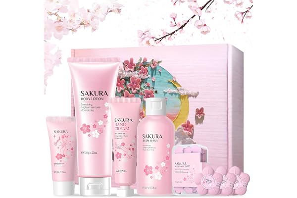 Coffret Bain Femme, Sakura coffrets de Bain et de Soins, Coffret Soin Femme con Gel Douche, Bombe de Bain, Creme Corps, Masque Main, Feuille de Savon, Creme Main, Cadeau Anniversaire Maman, 8 Pièces