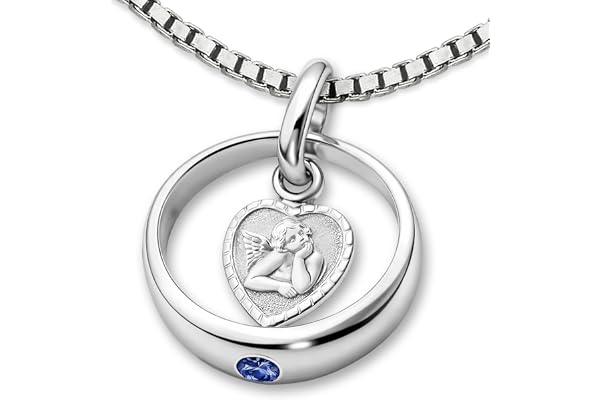 CLEVER SCHMUCK Collier de baptême en argent sterling 925 avec pierre bleu safire avec ange en forme de cœur Chaîne Venezia 36 cm Cadeau de baptême dans un étui bleu clair