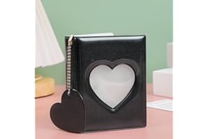 RUNRAYAY 3 Inch Mini Photo Album Kpop Photocard Holder with Pendant, Black Heart Hollow Card Binder Photo Album Kpop Photo Card Holder, 32 Pockets