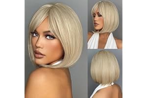 Becus Pelucas cortas rubias para mujer, peluca rubia californiana de 30,5 cm, con flequillo, sintética, resistente al calor