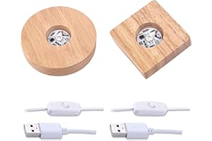 CDIYTOOL - Base di visualizzazione per luci a LED, in legno, 2 pezzi, con luce USB a LED, decorazione da tavolo per 3D con sfera di cristallo, gioielli in vetro, colorato illuminato rotondo+quadrato