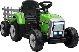 HOMCOM Tracteur électrique avec remorque Amovible, Voiture électrique Enfants de 3 à 6 Ans avec télécommande MP3 Musique Affichage lumières et Ceinture de sécurité, 12V 3-6 km/h, Vert
