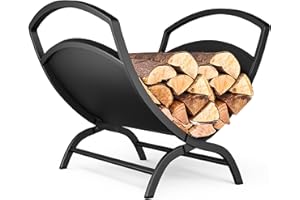 VOUNOT® Estante Almacenamiento Leña 40.5x32x33cm Soporte de Madera Metálico, Cesto de Leña Leñero Interior y Exterior en Forma de X, Estantería Organizador para Troncos de Chimenea Plegable, Negro