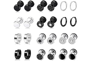 BVLAGIDA 12 Pares Pendientes Hombres Acero Inoxidable Aro Fake Plug Negro Redondo Hipoalergénico Barbell Pendientes