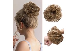 SEGO Pro Faux Messy Hair Bun Scrunchie Hair Piece for Women, Synthetic Curly Bun Wig Hairpiece Updo Ponytail Extension, 25g 5 Inch (#12H24 Light Brown & Ash Blonde)