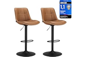 ‎VASAGLE VASAGLE LJB095K01 Bar Stools Set of 2 Bar Chairs Height Adjustable Swivel Kitchen Stools Quilted PU Cover with Backrest and Footrest Dining Counter Steel Caramel Brown