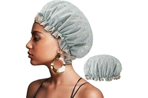 YUNYU Gorro de doble capa para mujer, reutilizable con banda elástica, impermeable con volantes que cubren las orejas, adecuado para cabello largo, corto y ducha