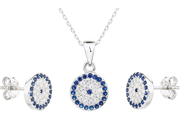 MYSTIC JEWELS - 925 Sterling Silver Smycken Set - Turkiskt öga med Zirkon - Hängsmycke med Kedja och Örhängen i Sterling Silv