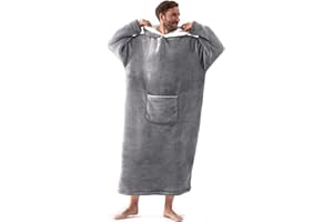 Hansleep Oversized Batamanta Mujer Talla Grande - Bata Manta Hombre, Batas de Casa Mujer Invierno, Sudadera Manta con Capucha, Franela Y Sherpa Reversible Hoodie Blanket, Gris, 148L x 85W cm