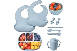 Baby Geschirrset - MumEZ 9 Stücke Silikon Baby Essen Set,Kindergeschirr Set Mit Saugnapf, Geschirrset Baby, Kinderteller Schüssel Lätzchen Tasse Löffel (Blau)