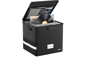 Aolawco 12 inch Vinyl Record Storage Box with Lock, Fireproof ＆ Waterproof Vinyl Storage Case, Collapsible Portable LP Storage Boxes Holds up to 100+ Single Records for Collect Valuable Albums, CD