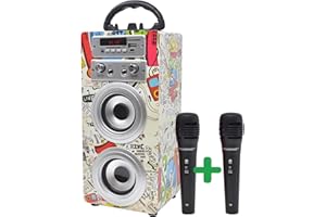 DYNASONIC - Altavoz Bluetooth Portatil Karaoke con Micrófonos Incluidos | Lector USB y SD, Radio FM Modelo 025 (2 Micrófonos)