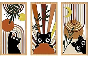 HUASUN 3 Piezas Decoración de Pared Boho, Escultura de Pared en Madera, Panel de Pared con Diseño Láser de Gatos, Luna, Sol y Hojas Tropicales para Salón, Dormitorio u Oficina (Gatito lindo)