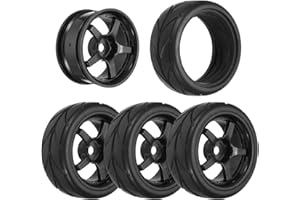 sourcing map 4-Pair High-Grip RC Car Tire & Wheel Set for 1/10 Scale On-Road Touring Cars - Soft Rubber Tyres with 12mm Hubs, Black, Type D