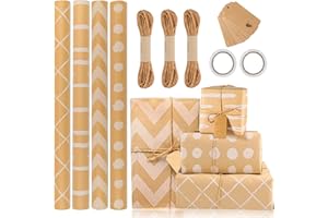 DYDHRER Papel Regalo, 4 Rollo Papel Kraft, 43 x 300cm Papel Regalo Cumpleaños, con 2 Cintas Adhesivas 3 Trozos De Cordel 20 Etiquetas Kraft, Rollo Papel Regalo para Envolver Regalos Cumpleaños y Bodas