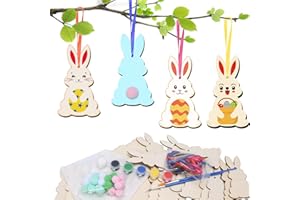 WEDNOK 24 Pack Wooden Easter Bunny Crafts for Kids Make You Own Easter Rabbit Hanging Ornaments DIY Easter Art and Craft for Girls Boys Art Project Easter Decoration