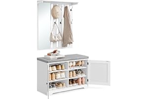 VASAGLE Schuhbank Wandgarderobe Set, Garderobe mit Spiegel, 8 Doppelhaken, Schuhschrank mit verstellbaren Ablagen, Doppeltüren, Sitzbank, Sitzpolster abnehmbar, 81 cm breit, wolkenweiß LSC010W01