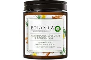 Botanica by Air Wick Świeca zapachowa – zapach: słodka trawa i drzewo sandałowe – zrównoważona produkcja z naturalnych składników – 500 g świeca w słoiku, 3185467, brązowa
