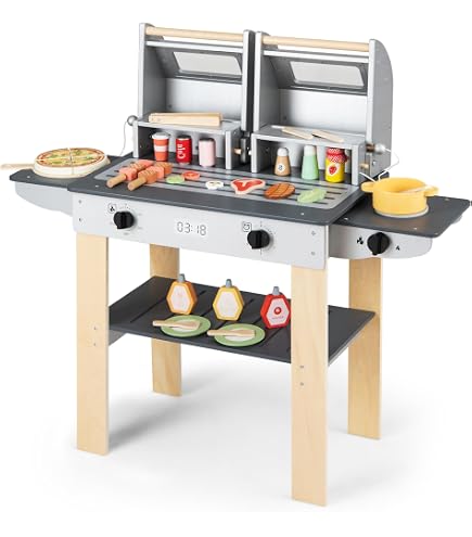 GOPLUS Jeu De Barbecue Pour Enfants – 21 Accessoires – Table De Cuisine En Bois Avec Roues Et Poignée – Jouet D’Imitation Chef – Dès 3 Ans