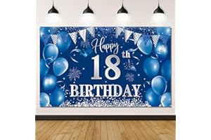 GLAUSTALOS Striscione per il 18° compleanno, blu, festone di compleanno, 18, decorazione di compleanno per ragazzi e ragazze, 18° compleanno, per 18 feste, decorazione di compleanno, 180 x 110 cm