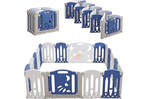NAIZY Parc Bébé 16+2 Parc Pliable avec Planche à Jouets et Panneau de Porte Clôture Rampante Barrière HDPE Antidérapante Clôture de Jeu pour Enfants Intérieur et Extérieur, Balu+Blanc