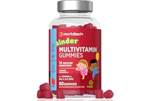 ‎HORBÄACH Multivitamin Gummibärchen für Kinder | 14 wichtige Nährstoffe mit Jod, Zink, Vitamin C, E, D, B6, B7, B12 & Chrom | 60 Gummies | Natürlicher Erdbeergeschmack | by Horbaach