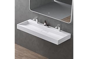doporro Lavabo Suspendu avec Bonde Vasque à Poser Blanc Mat 120x46x11cm Lave Mains avec 2 Percages Rectangulaire Colossum19