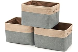 EZOWare 3 Pack Canvas Linen Tweed Fabric Storage Basket Bins, Foldable Nursery Cube Boxes with Handles for Baby Kids Room Toys Wardrobe Clothes Organisers - (38 x 27 x 24 cm, Beige and Gray)