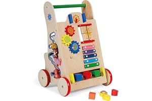 BUDDY BABY Montessori- Walker Baby in legno - Passeggino per primi passi con giocattoli e attività - Carrello tapis roulant per bambini +12 mesi (Oslo/Multicolor)