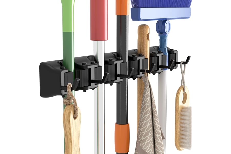Lifewit Broom Mop Holder Wall Mounted, Heavy Duty Broom Storage with 5 Slot 6 Hooks, Utility Room Storage Solutions for Broom Cupboard Kitchen Bathroom Garage and Garden Tool Organiser, 1 Pack, Black