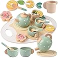Cliplanyard Princess Tea Time Toys Playset - Teapot, Dishes, Dessert & Carrying Case, Kitchen Pretend Play Tin Tea Party Set Gifts for Kids Toddlers Toy (GREEN-15PCS)