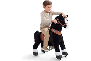 PonyCycle Ridhäst med hjul, plysch ridpony med handbroms och ljud, gungdjur, ståhäst, Storlek 4 för ålder 4-7, Svart ridddjur