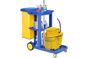 bimiti Janitorial Trolley Janitor-Housekeeping Cart on Wheels Cleaning Trolley with Vinyl Bag Lid Heavy Duty Commercial 3-Tier Janitorial Cart on Wheels for Hotel Service Shopping Centres Office