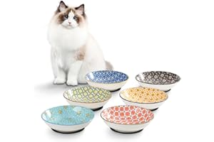 BATITIE Ceramic Cat Bowls Cat Dishes - Floral Series Colorful Cat Bowl Set of 6 - Cat Feeding Bowls with Non Slip Mat - 5.75" Shallow Wide Cat Food Plate Whisker Friendly - Microwave Dishwasher Safe - 8.5 oz