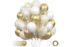 FRIGG White and Gold Balloons, 62 Pcs 12 Inch Sand White Beige Gold Happy Birthday Balloons with Confetti, Latex Helium Balloon for Birthday Decorations, Boho Wedding, Anniversary, Baby Shower Decorations