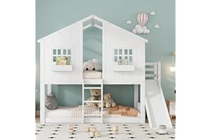 RIAZOS Etagenbett 90x200 cm, Kinderbett mit Rutsche, Kinder Hochbett mit Dach und Fenster, mit Fallschutzgitter Dreistufiger Leiter, Kiefer+MDF, ohne Matratze, Weiß