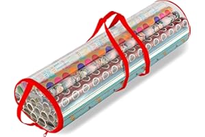 RAM ONLINE Ram® Red Christmas Cylinder Gift Wrap Storage Clear Bag Wrapping Paper Organiser Xmas Christmas Tidy – Stores Baubles Tinsels Lights Bows Heavy Duty Material