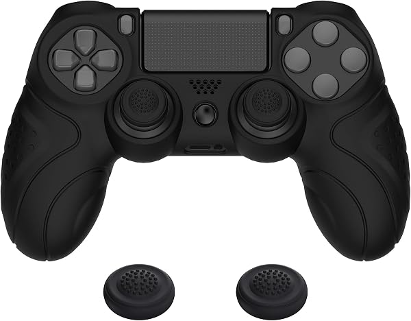 PlayVital Guardian Edition Soft Anti-Slip Controller Silicone Case Cover for ps4, for ps4 Slim/Pro Controller, Ergonomic Rubber Protector Skin with Joystick Caps - Black - 1